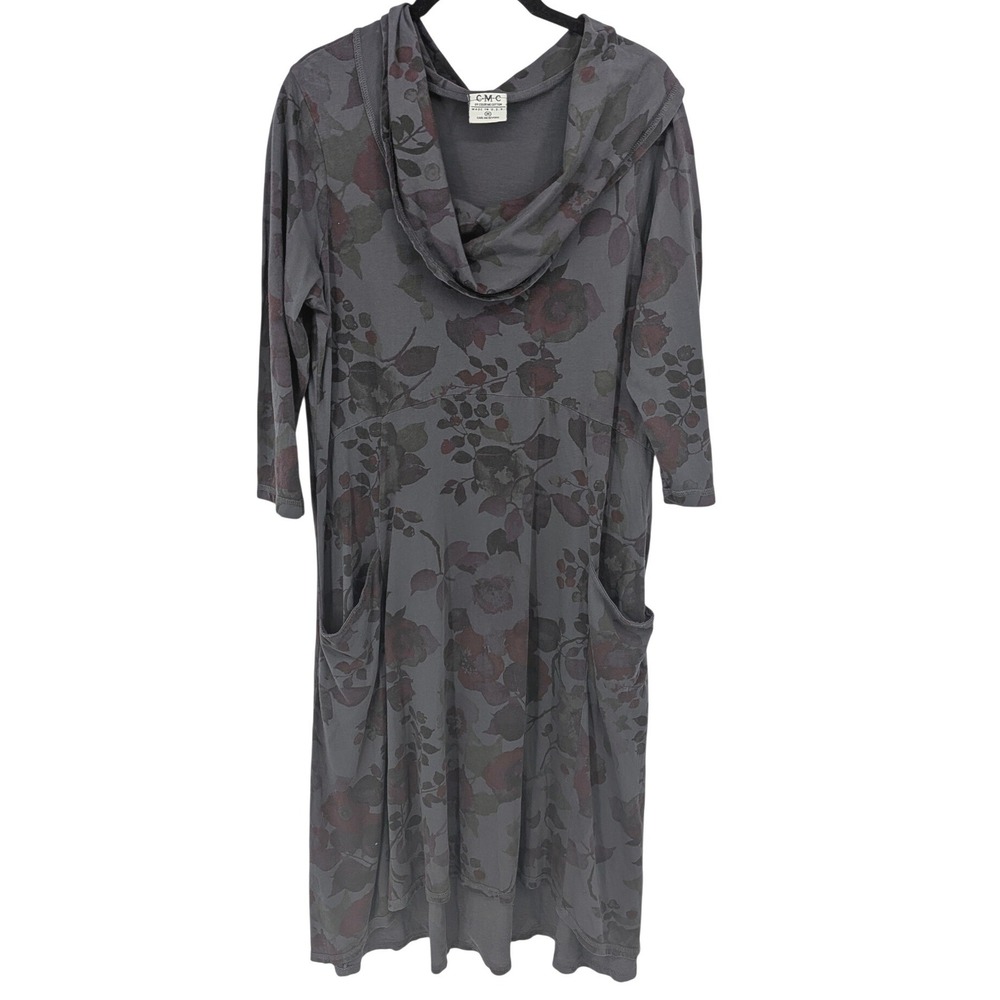 CMC Color Me Cotton Dress Womens Medium Gray Floral Cowl Neck Lagenlook Pocket